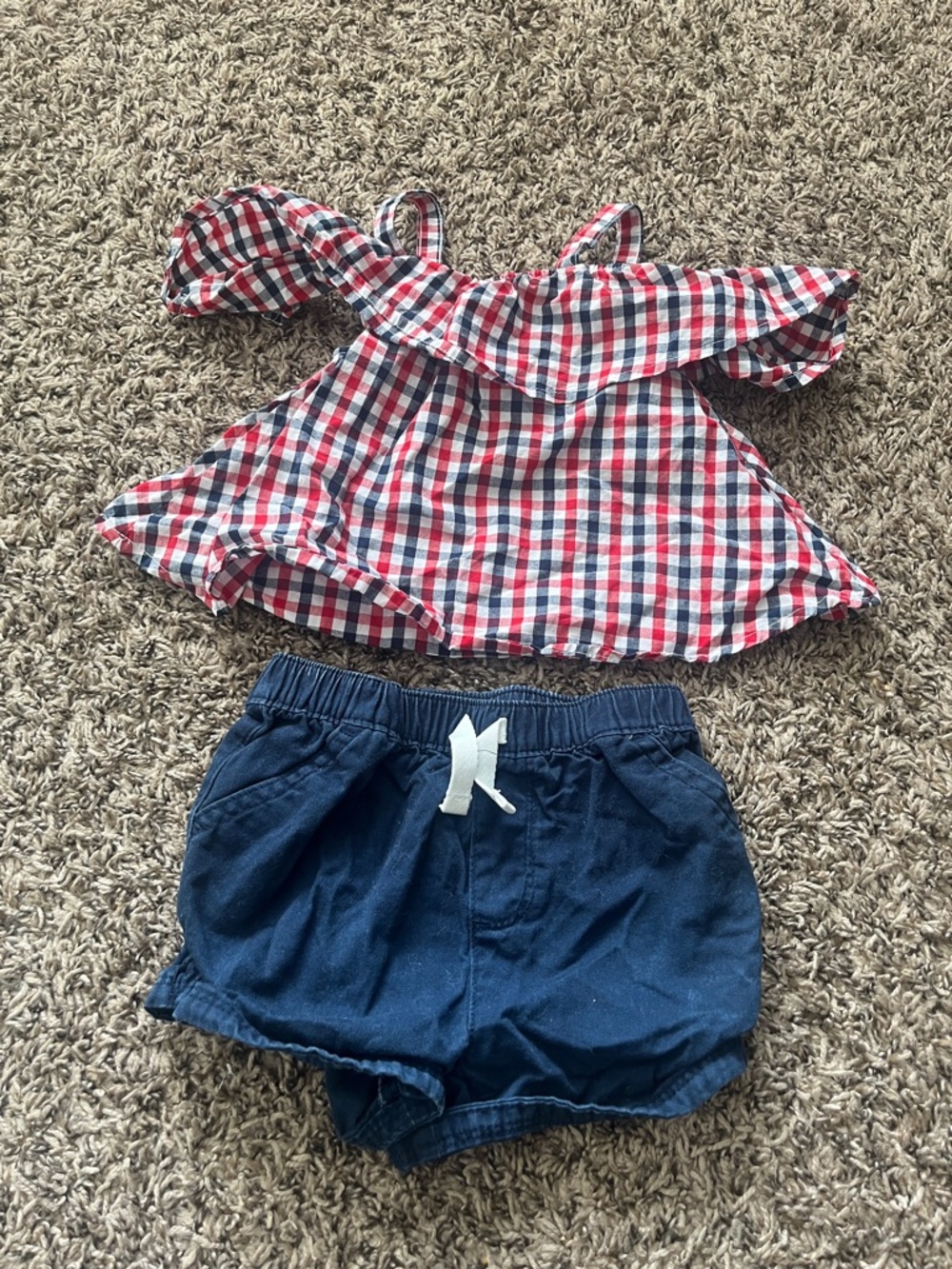 Girls Red & Blue Plaid Off-Shoulder Top with Navy Shorts Kids Matching Set